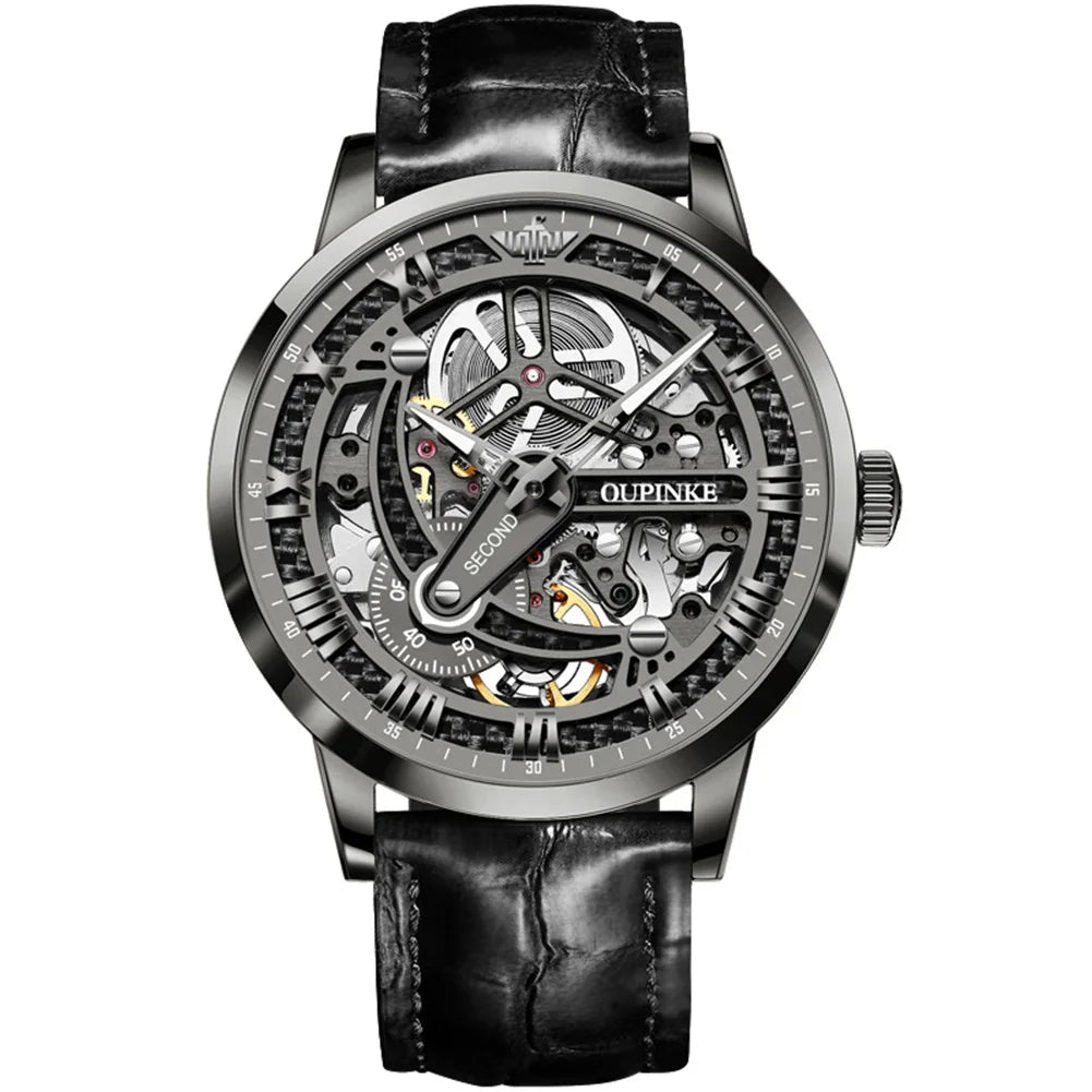 OUPINKE 3173 Skeleton Automatic Mechanical Watch Luxury Brand 50M Waterproof Watch Leather Strap Mens Watch Box Gifts Reloj