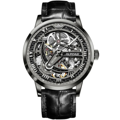 OUPINKE 3173 Skeleton Automatic Mechanical Watch Luxury Brand 50M Waterproof Watch Leather Strap Mens Watch Box Gifts Reloj