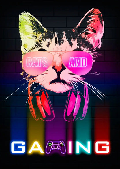 Póster Nordic Cat e Citações de Comando Gaming em Tela Moderna para Arte de Parede e Decoração Mural de Quarto Gamer para Rapazes e Raparigas (não néon)