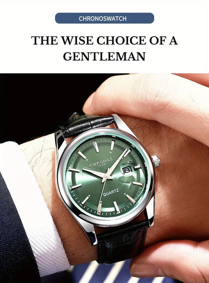 CHRONOS Men Classic Quartz Wrist Watch with Calendar Luminous Dial Leather Strap Casual Business Leisure Outdoor Sports Watches