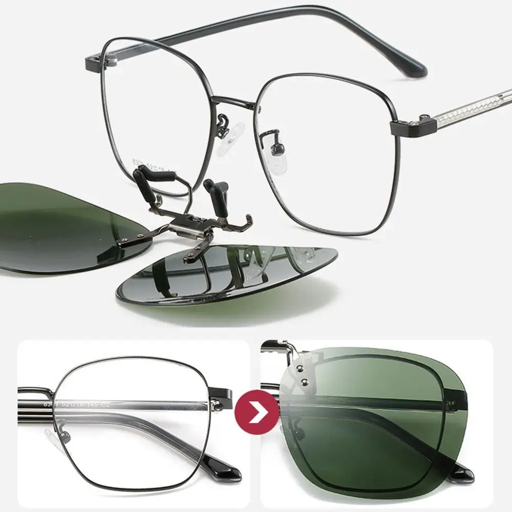 Metal Clip Clip-On Polarized Sunglasses Convenient Rimless Flip-up Sun Glasses for Prescription Glasses UV400 Polygonal Shades