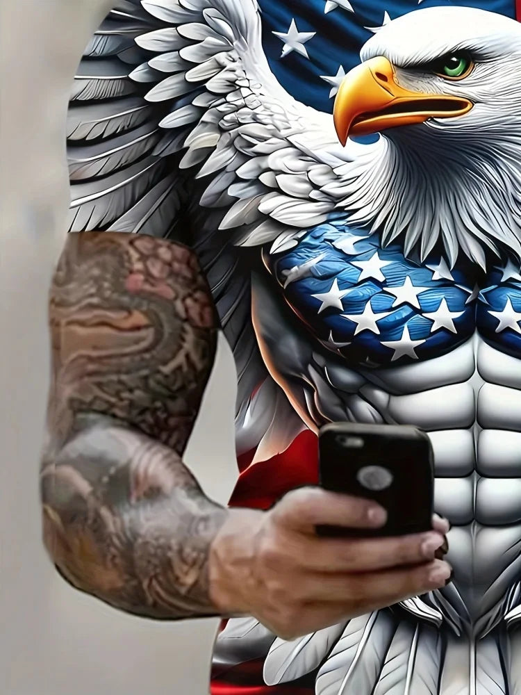 Patriottisch 3D-T-shirt met adelaarsprint voor heren, casual T-shirt met ronde hals en korte mouwen, ideaal voor zomermode en buitenactiviteiten, herenkleding
