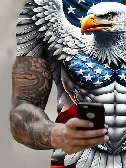 Patriottisch 3D-T-shirt met adelaarsprint voor heren, casual T-shirt met ronde hals en korte mouwen, ideaal voor zomermode en buitenactiviteiten, herenkleding