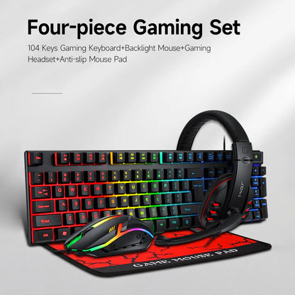 Combo gaming de teclado y ratón de 4 piezas, teclado ergonómico de 104 teclas, ratón con luz de respiración de 4 colores, auriculares y alfombrilla antideslizante para ratón