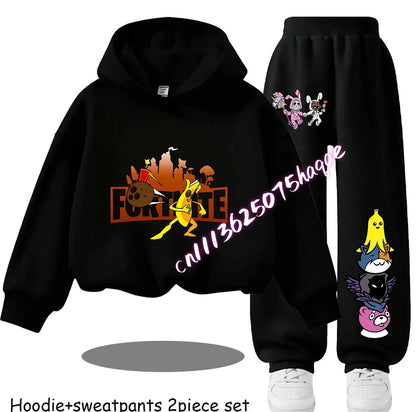 Fortnite Kids Spring and Autumn Long-Sleeved Pants Children's Hooded Sweatshirt Set Game Cartoon Print Boys' Sport Shirt