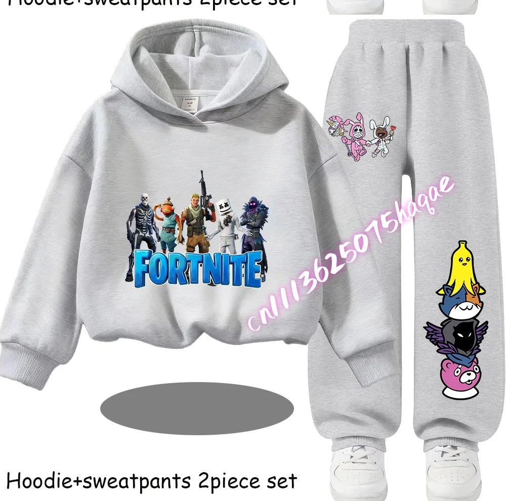 Sweats com Capuz Infantis Estampadas Fortnite, Conjunto Cartoon Confortável de 2 Peças, Tops Largos de Manga Comprida com Calças, Roupa de Outono/Inverno, Presente
