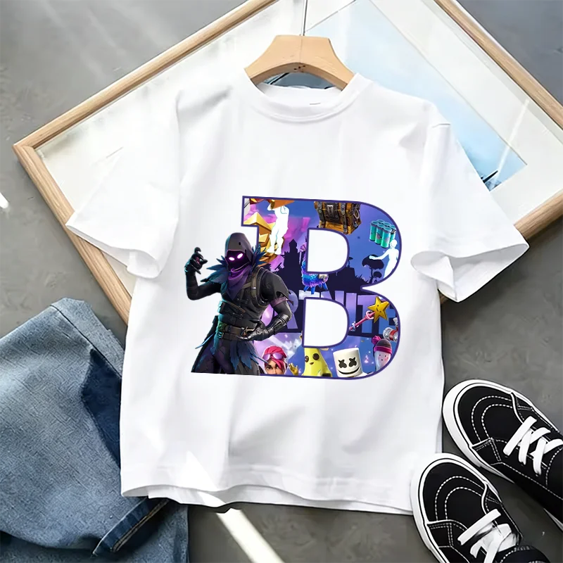 T-shirt Infantil Branco Fortnite com Estampado Alfabeto A-Z — Roupa de Verão, Jogo de Desenhos Animados Popular, Manga Curta Casual, Presente de Moda