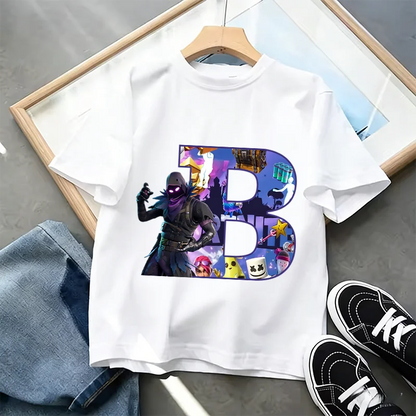 T-shirt Infantil Branco Fortnite com Estampado Alfabeto A-Z — Roupa de Verão, Jogo de Desenhos Animados Popular, Manga Curta Casual, Presente de Moda