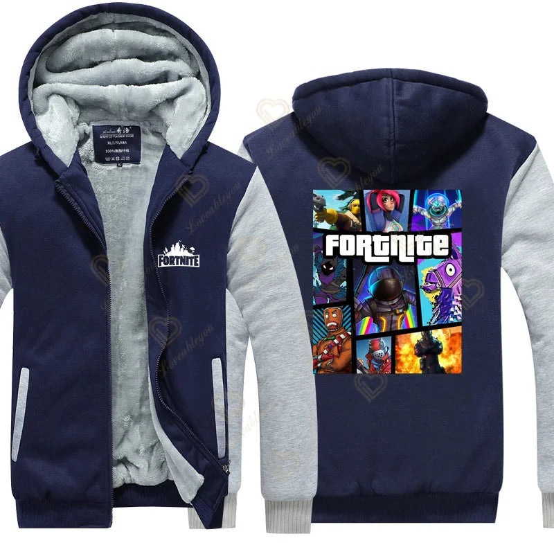Sweat-shirts com capuz luminosos Fortnite de inverno, quentes, para homem e mulher, cosplay de jogo, em velo espesso, com fecho, casaco e sobretudo para casal