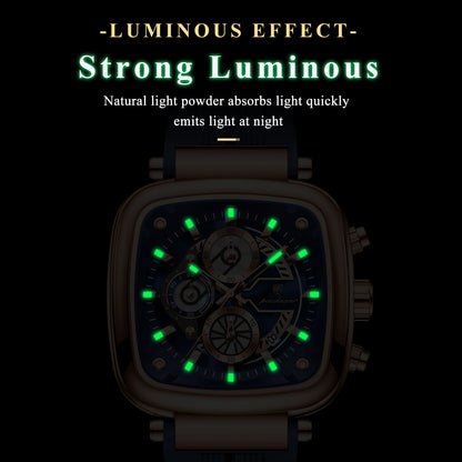 POEDAGAR Square Sport Man Wristwatch Date Waterproof Luminous Chronograph Watch For Men Silicone Strap Men's Quartz Watches Male
