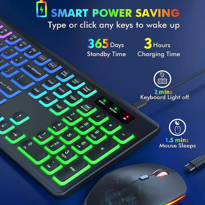Combo de teclado y ratón inalámbricos con retroiluminación RGB, letras iluminadas recargables, tamaño completo, ergonómico, modo de suspensión, 2.4GHz
