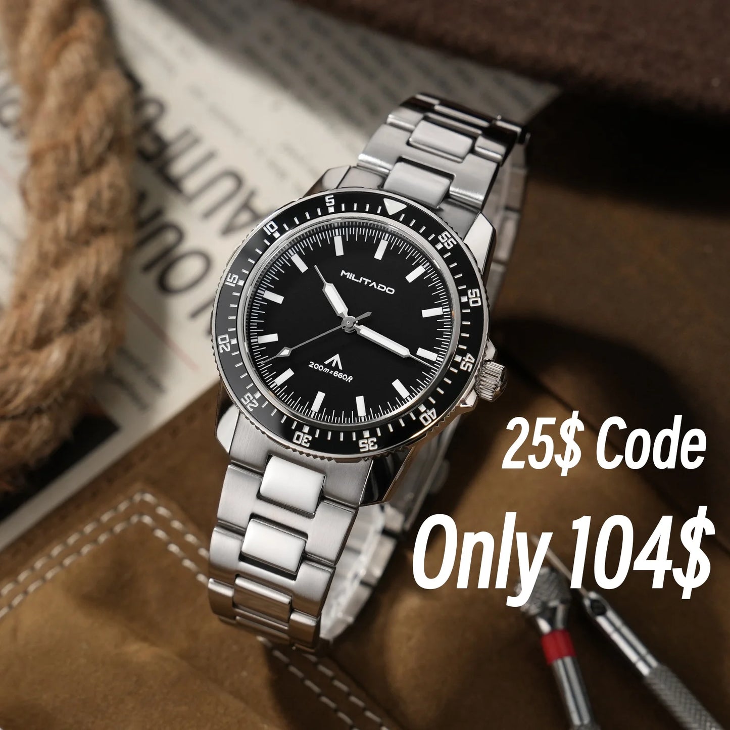 MILITADO  ML25 Quartz Dive Watch VH31 Sweep Second Sapphire Crystal 200M Waterproof BGW9 Lume Ceramic Bezel Men Watch