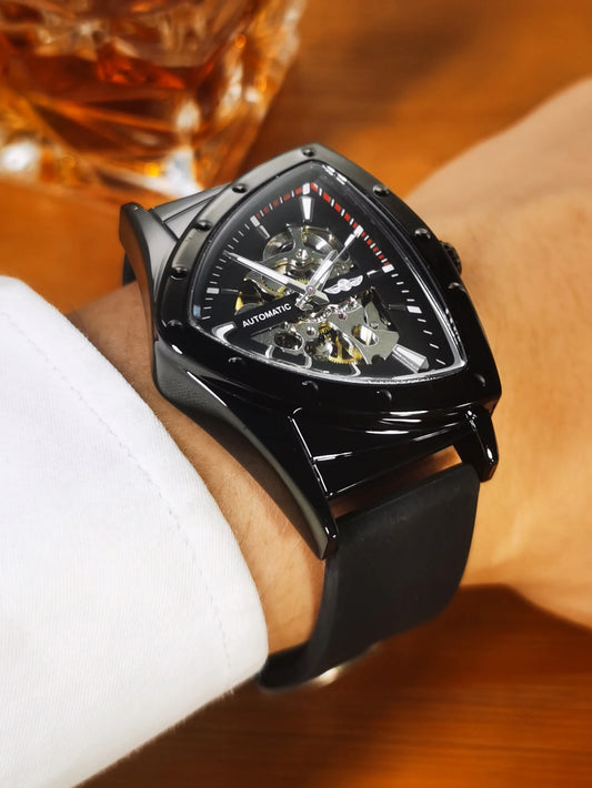 Relógio automático para homem WINNER, design esqueleto triangular, ponteiros luminescentes, bracelete em borracha, estilo militar, relógio mecânico de luxo