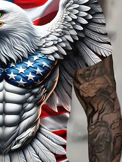 Patriottisch 3D-T-shirt met adelaarsprint voor heren, casual T-shirt met ronde hals en korte mouwen, ideaal voor zomermode en buitenactiviteiten, herenkleding