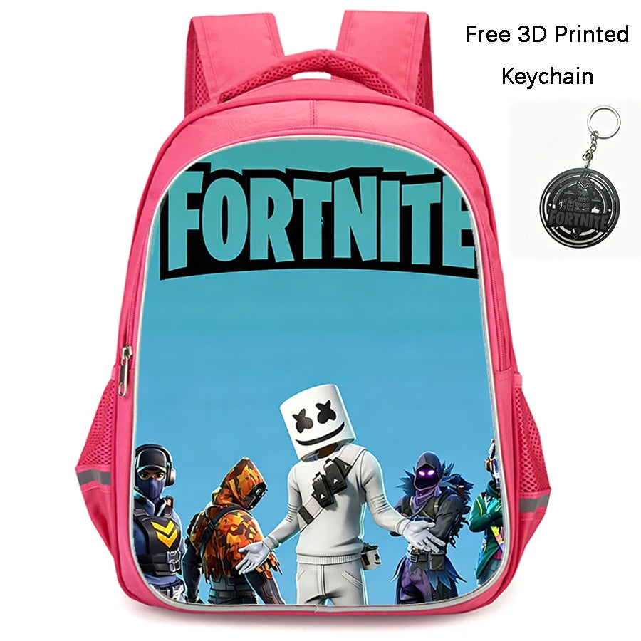 FORTNITE 16-inch Durable Lightweight Backpack, Dual Zipper Pockets, Cartoon Style for Boys & Girls 6-10,Free 3D Printed Keychain
