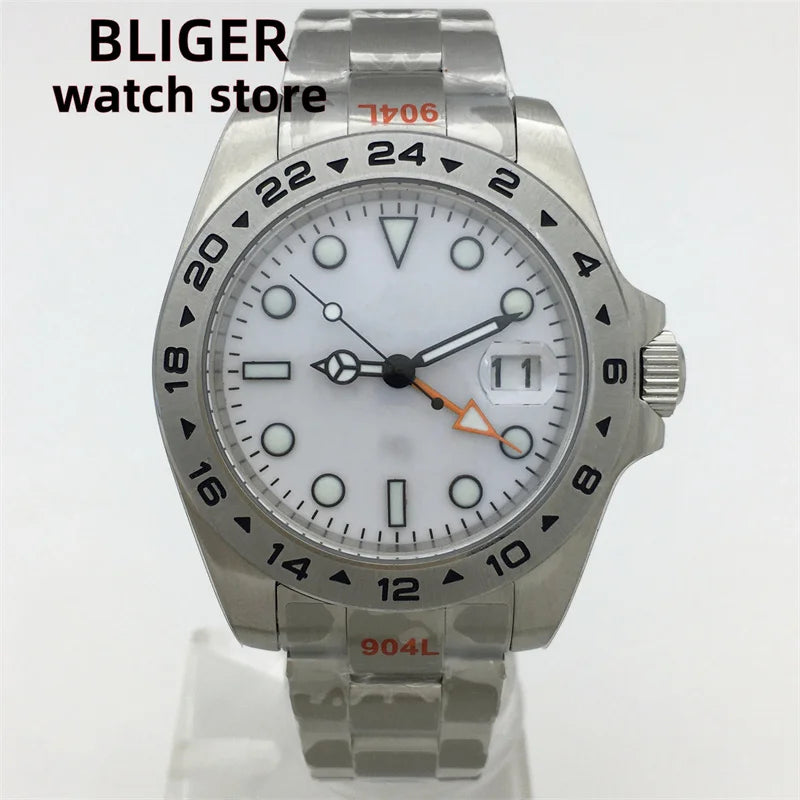 BLIGER 40mm/43mm Japan NH34 GMT Men's mechanical watch green luminous white dial sapphire glass stainless steel strap