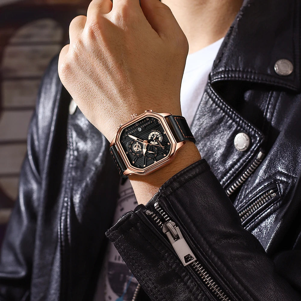 CRRJU Fashion Square Dial Leather Mens Watches Luxury Sport Waterproof Watch Man Chronograph Quartz WristWatches Homme+Box