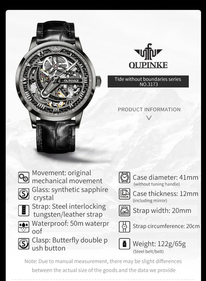 OUPINKE 3173 Skeleton Automatic Mechanical Watch Luxury Brand 50M Waterproof Watch Leather Strap Mens Watch Box Gifts Reloj