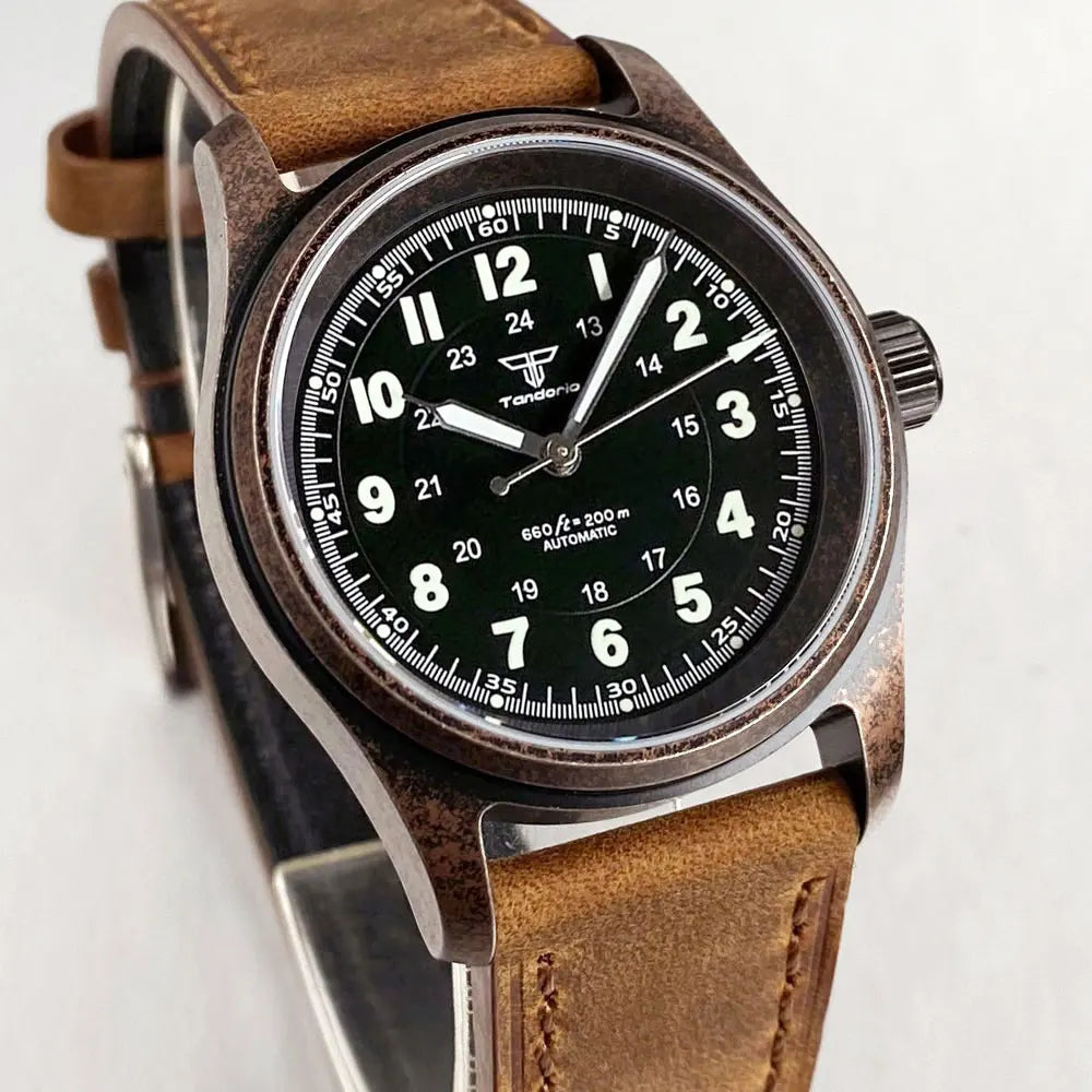 PVD Bronze Case TANDORIO 36mm Military Field Watch Men Japanese NH35A Automatic Movement Sapphire 200M Waterproof Pilot Watches