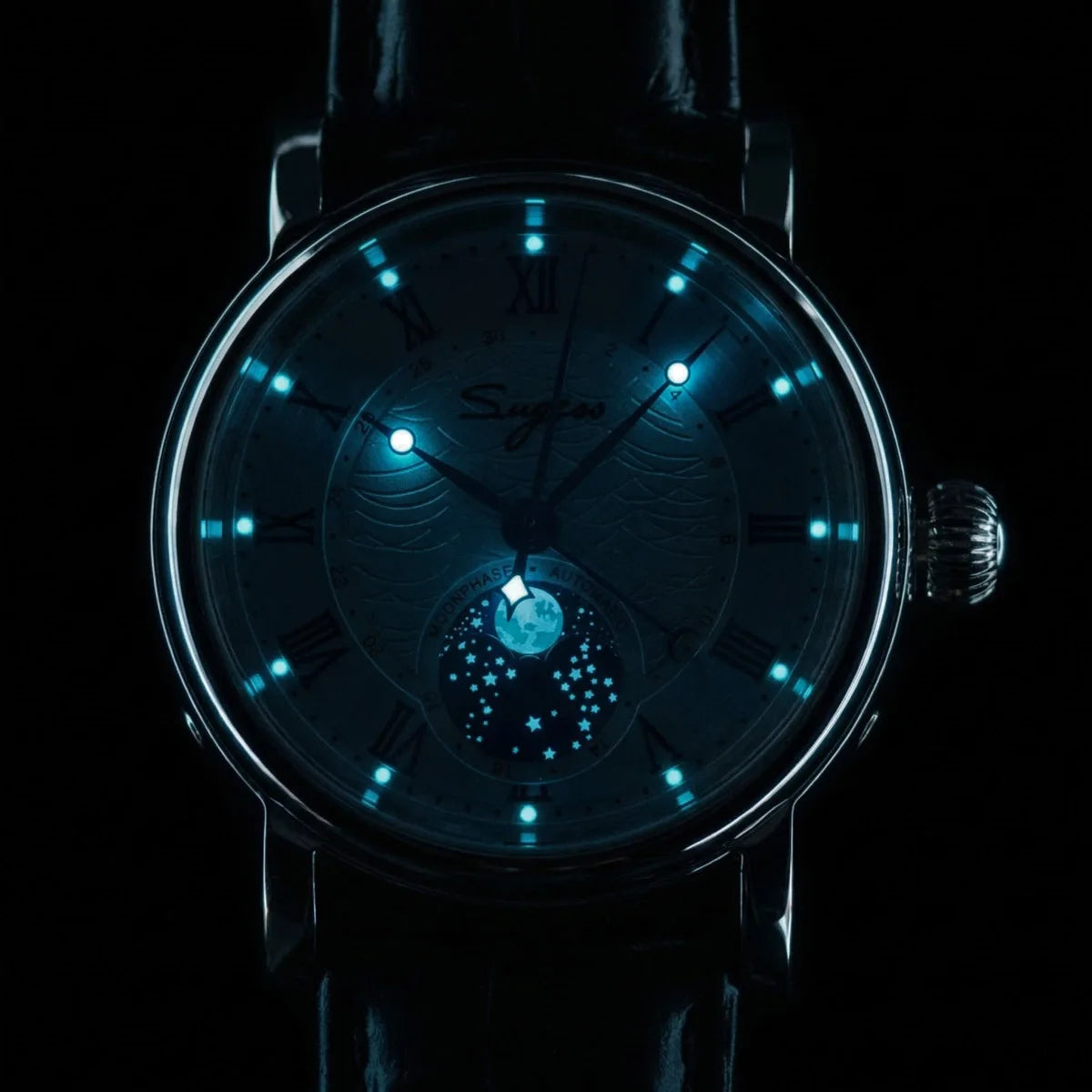 Sugess Watches for Men Automatic Mechanical Watch Moonphase Tianjin ST2108 Waterproof Date Hands Sapphire Crystal Rome Wave Dial