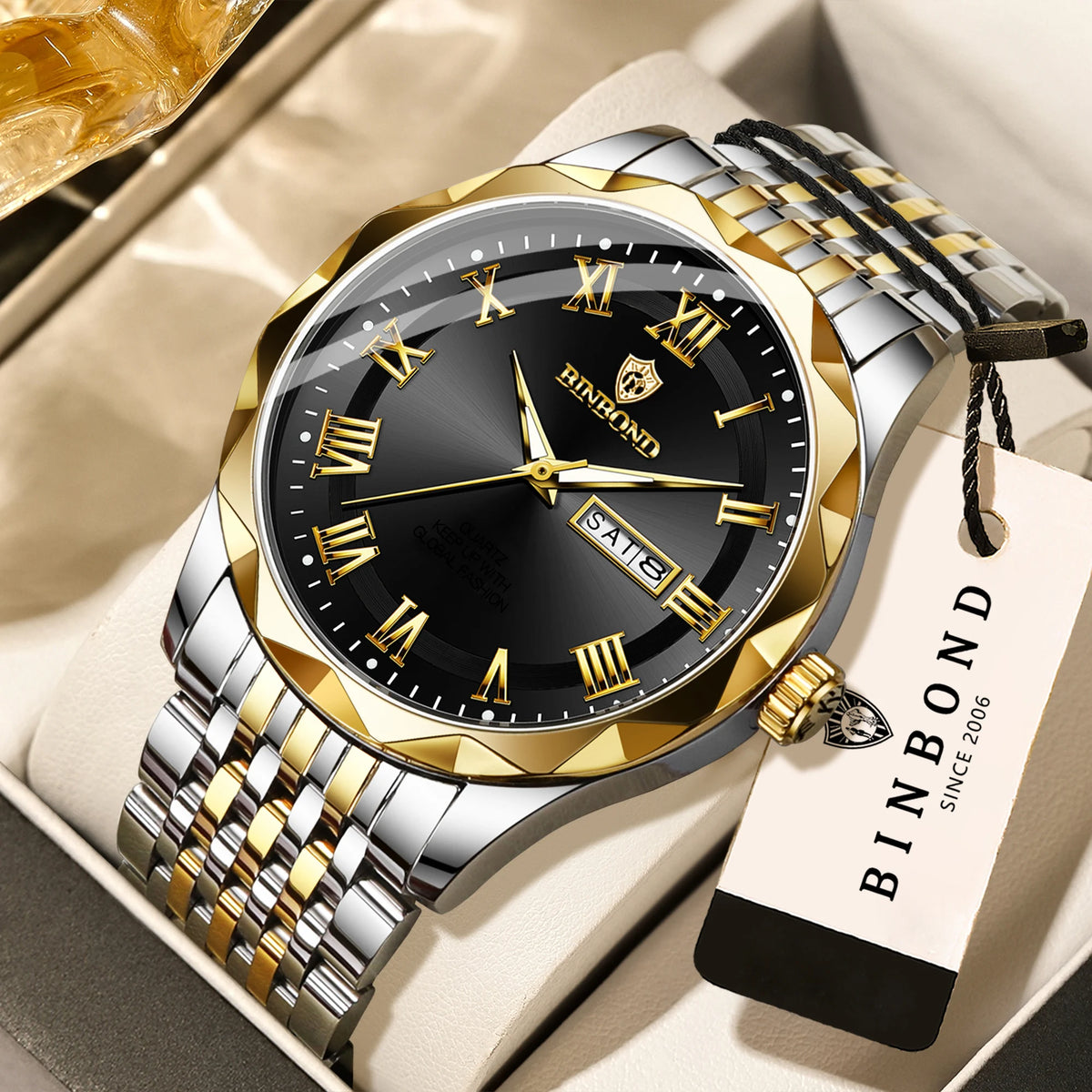 Orologio da polso di lusso al quarzo BINBOND Original Brand da uomo, luminescente, impermeabile, data automatica, indicazione del giorno della settimana, stile casual.