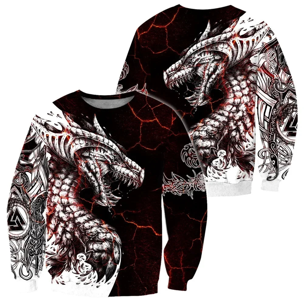 Pánská mikina s kapucí Black & White Tattoo Dragon s 3D potiskem, unisex streetwear, na zip, ležérní bunda, tepláková souprava KJ0192