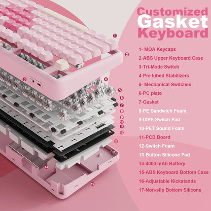 YUNZII B87 Pink Mechanical Gaming Keyboard, QMK/VIA Custom Gasket RGB Keyboard, Wireless Aesthetic Keeb, Wrist Rest for Win/Mac