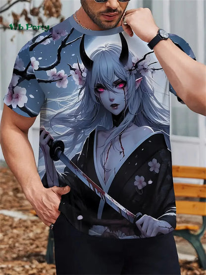 Maglietta da uomo con motivo Sakura Samurai - Maglietta a maniche corte ispirata agli anime giapponesi - Top Harajuku - Abbigliamento casual oversize estivo da uomo