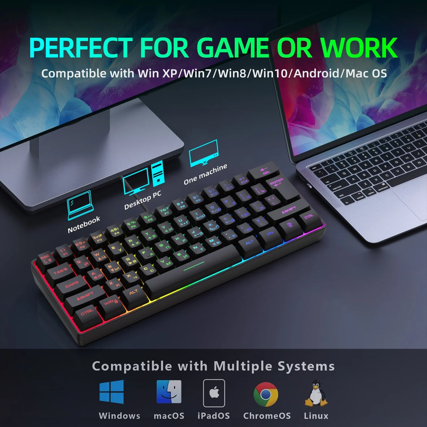 Teclado Gaming, Teclado Ultra-Compacto de 61 Teclas Russo/Inglês com Retroiluminação RGB, Teclado de Escritório Gaming Impermeável com Sensação Mecânica