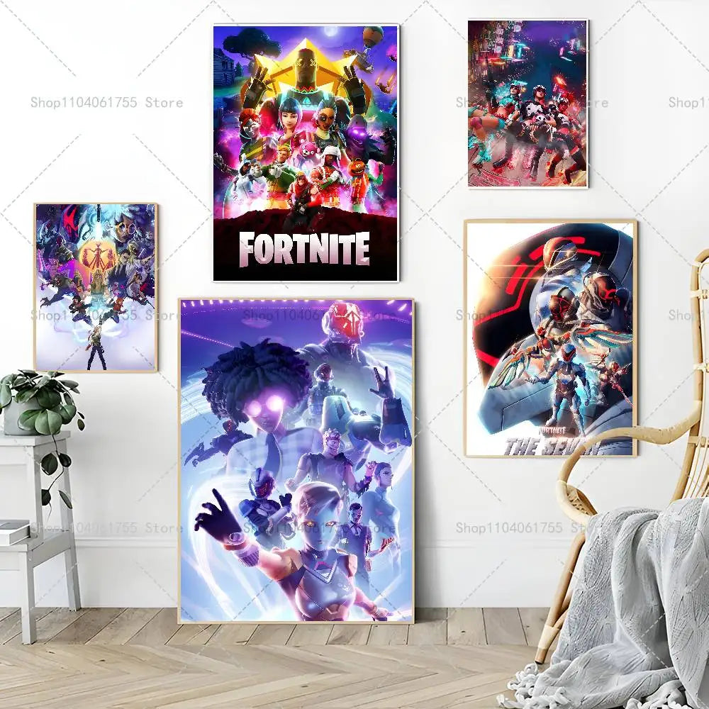 F-Fortnites-Game Póster Popular Autocolante de Arte em Papel Impermeável para Decoração de Parede de Café, Bar e Quarto