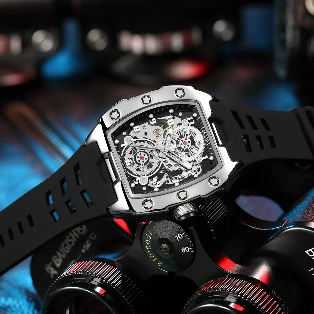 MEGIR Fashion Sport Alloy Case Men Mechanics Watch Waterproof Silicone Band Barrel Shaped Dial Luminous Pointer Man Wristwatches