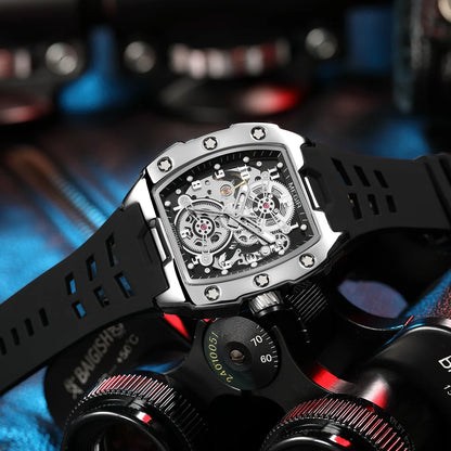 MEGIR Fashion Sport Alloy Case Men Mechanics Watch Waterproof Silicone Band Barrel Shaped Dial Luminous Pointer Man Wristwatches