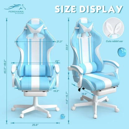 #For Kawaii Light Blue Gaming Chair with Bunny Ears, Ergonomic Cute Gamer Chair with Footrest and Massage, Racing Reclining&
