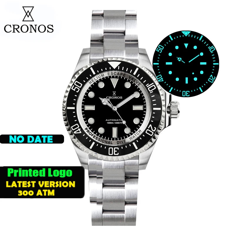 Cronos Automatic Diving Watch Stainless Steel 2000Meters Water Resistance Professional Diver PT5000 SW200 Miyota9015 90S5 L6027M