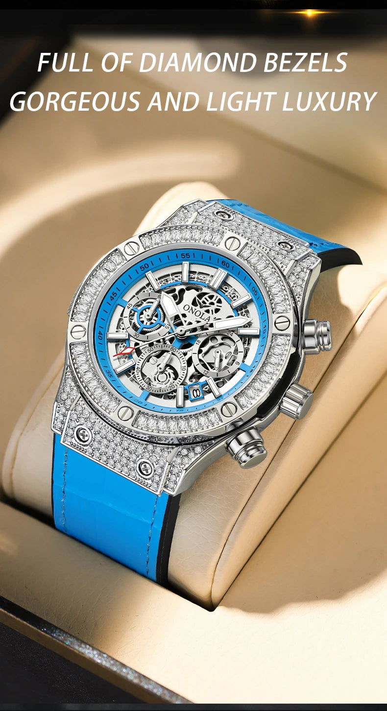ONOLA Luxury Style Diamond Inlaid Men Quartz Watch Leather Strap Calendar Men Watch 30M Waterproof Men Clock