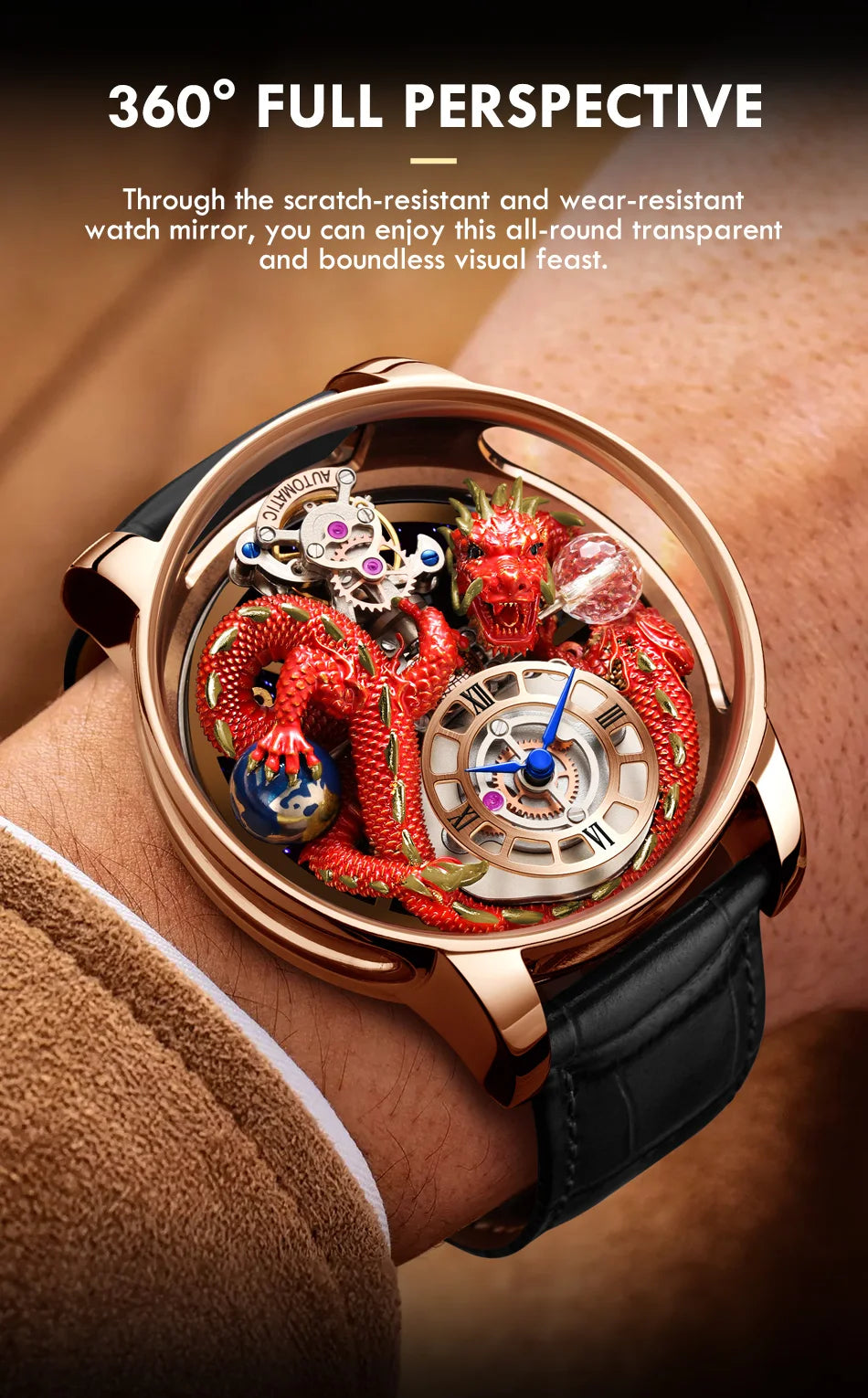 PINDU Design Celestial Body Series Traditionnelle Artisanat Three Dimensional Dragon Men Watch Curved Mirror Transparent Globe