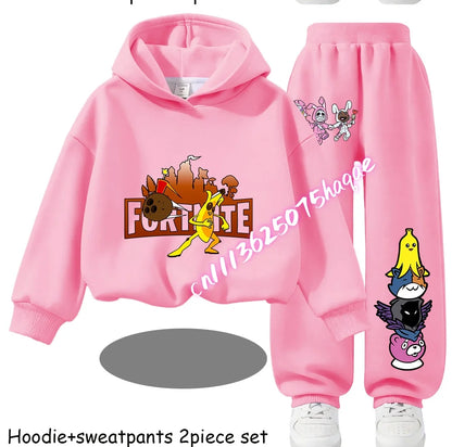 Fortnite Kids Spring and Autumn Long-Sleeved Pants Children's Hooded Sweatshirt Set Game Cartoon Print Boys' Sport Shirt