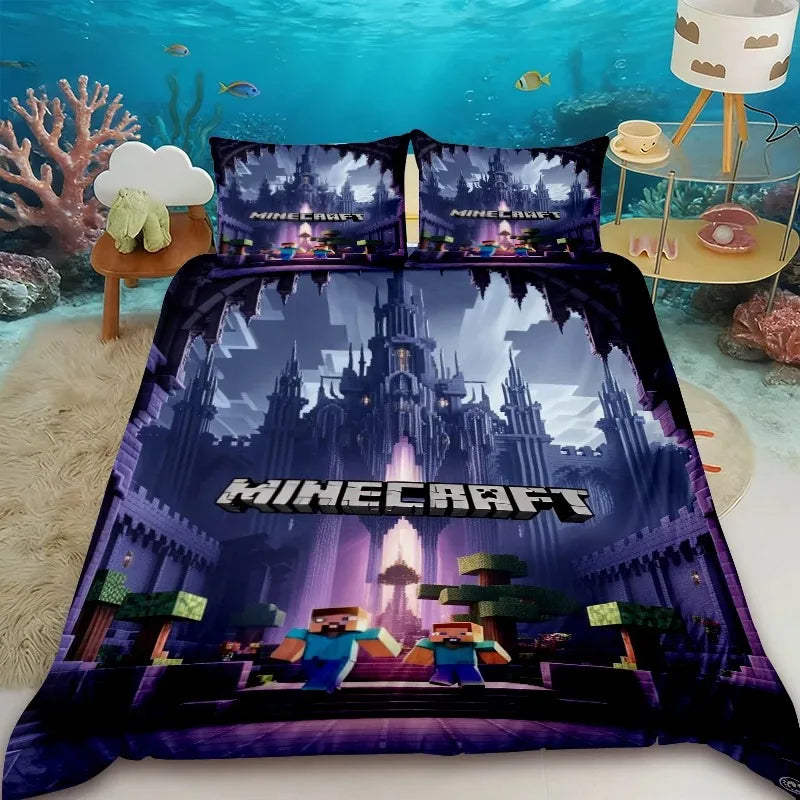 Funda nórdica infantil de dibujos animados Minecraft, juego de ropa de cama con funda de edredón, tamaños Queen, King y Full, con 1/2 fundas de almohada para dormitorio