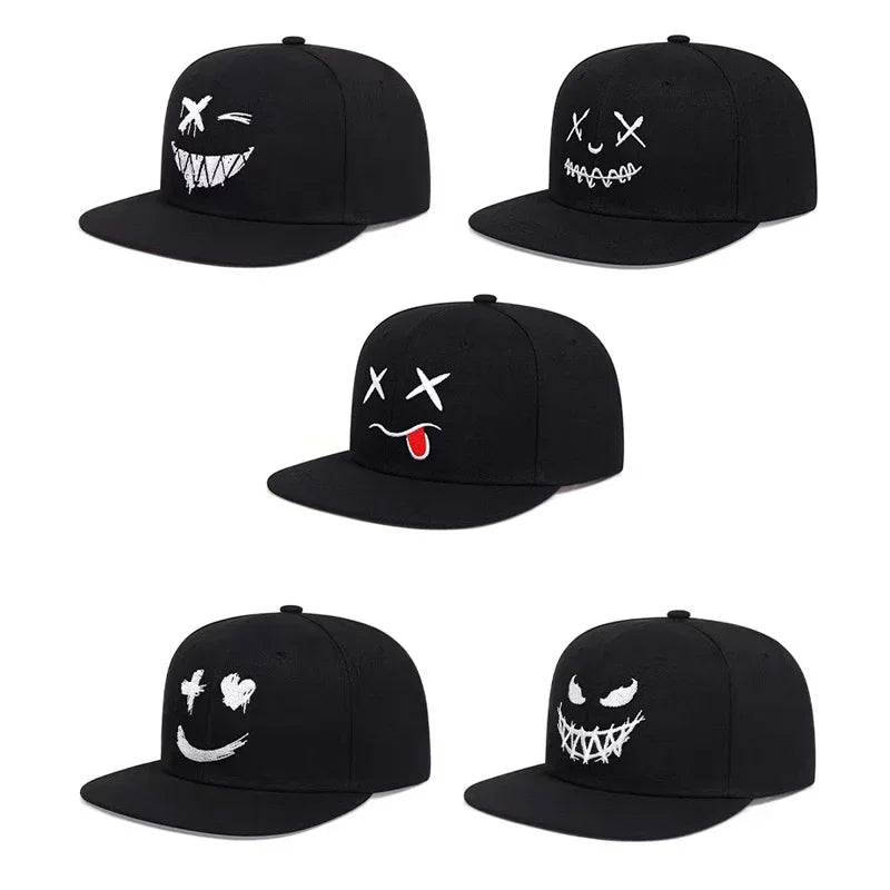 Gorra de béisbol de ala ancha, 100 % algodón, protección UV, ajustable, con un bordado de una sonrisa y diseño que estiliza el rostro