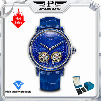 2026 PINDU Design New Diamond Mechanical Watch Men Top Luxury Double Flying Wheel Watch Sapphire Glass Waterproof Watch Leather