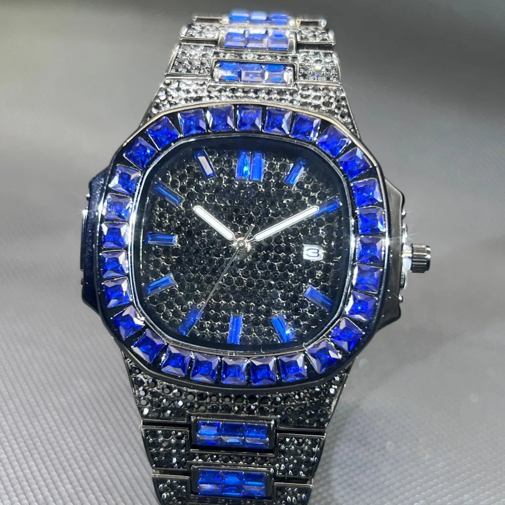 MISSFOX Luxury Watch For Men Rose Iced Out Diamond Hip Hop Quartz Waterproof Clock Men Square Diamond Male Watch 2026 New