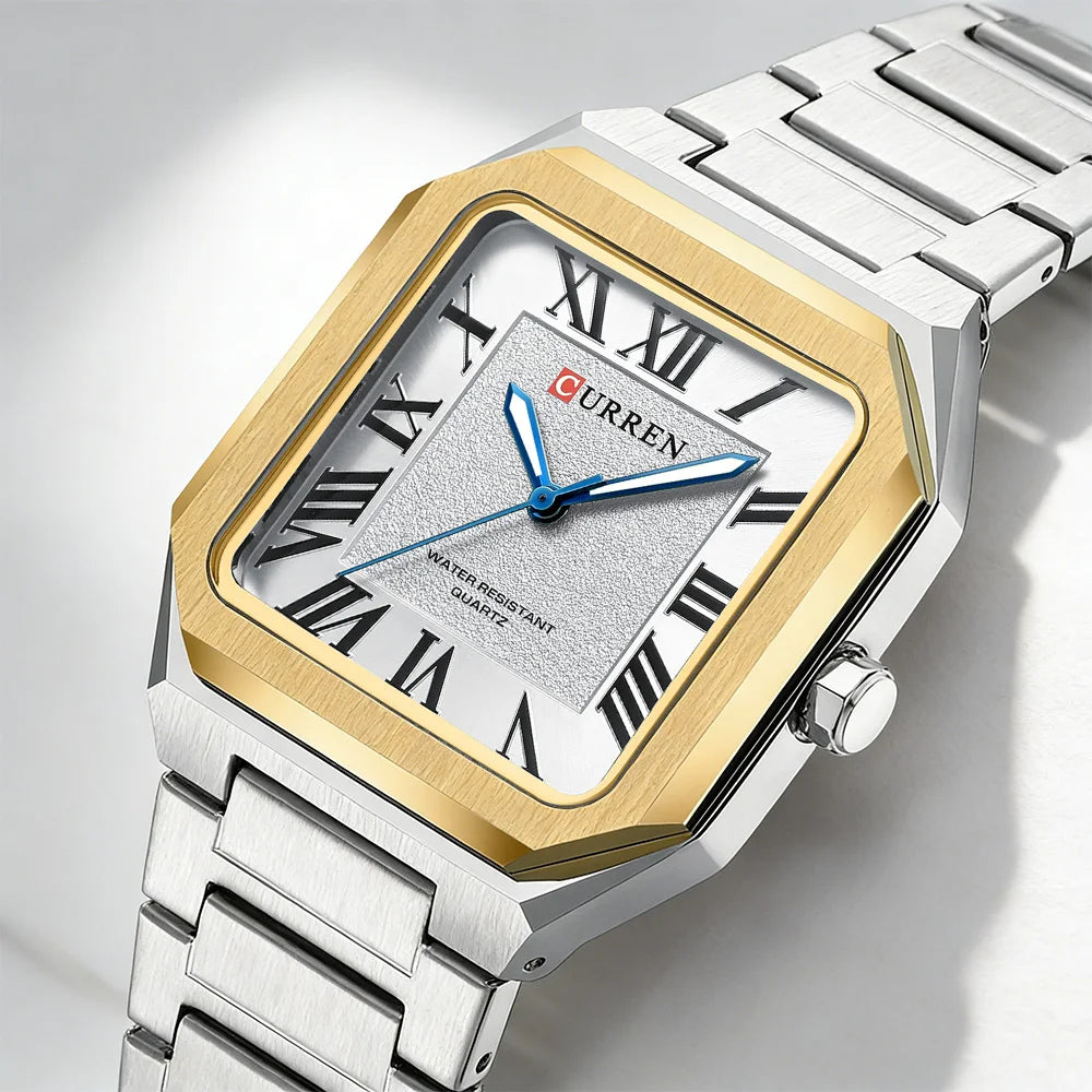 CURREN Vintage Square Design Dial with Roman Numeral Classic Business Dress Quartz Watch for Men with Luminous Hands 8482