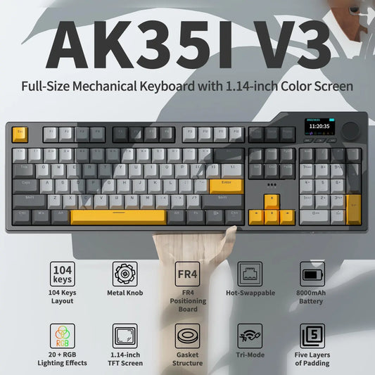 Ajazz AK35I V3 MAX 8000mAh battery Gaming mechanical keyboard Tri-mode Wired Bluetooth Wireless Hot-swappable TFT color screen