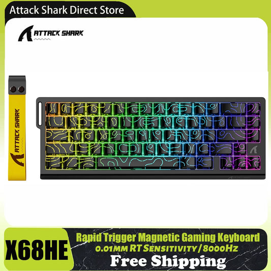 Teclado Magnético ATTACK SHARK X68 HE Rapid Trigger 8KHz, precisão RT de 0.01mm, layout 60%, RGB, suporte RT/Snap Tap/DKS/MT/TGL