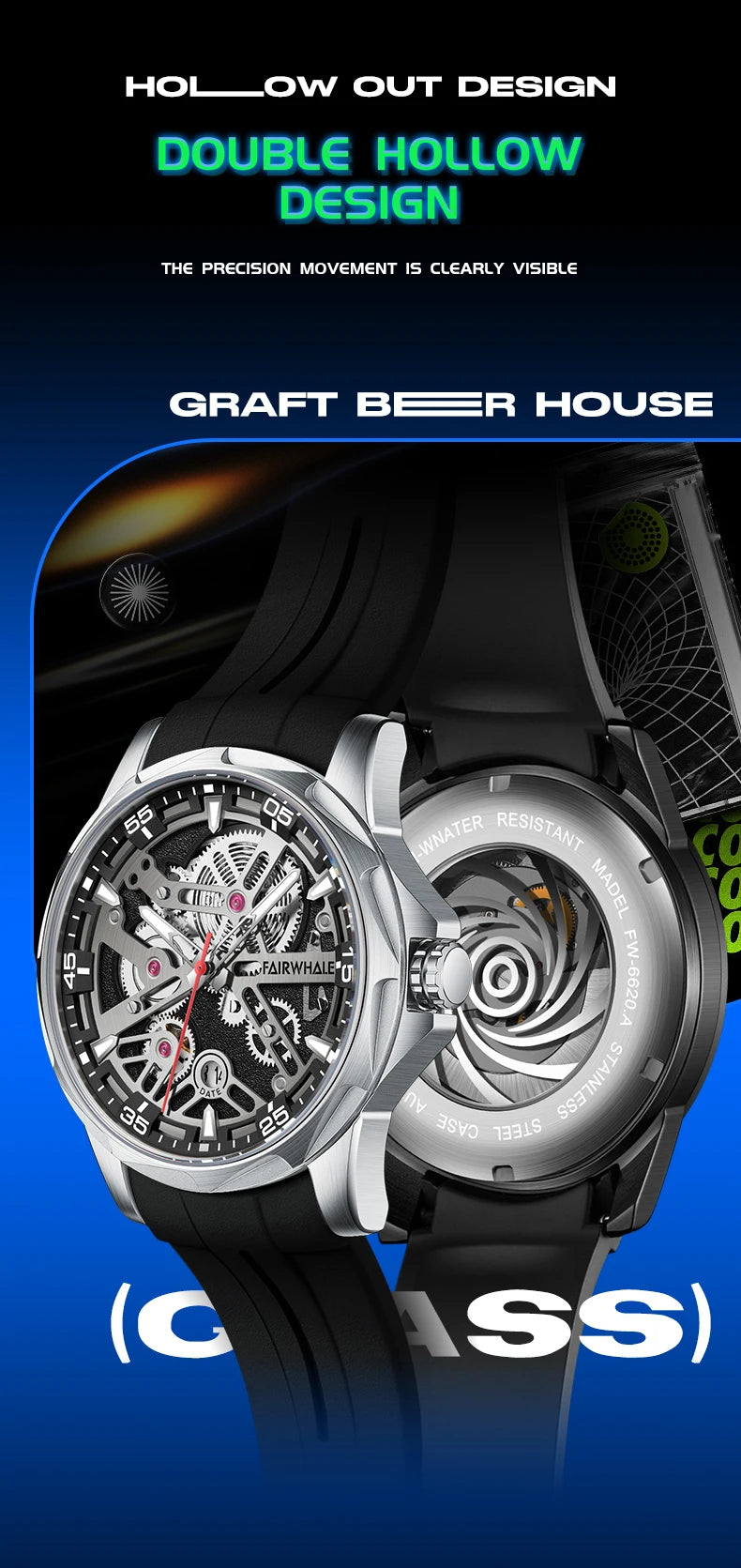 Brand Mark Fairwhale Sports Automatic Watch For Men Fashion Stainless Steel Rainbow Dial Mechanical Wristwatch Man Free Shipping