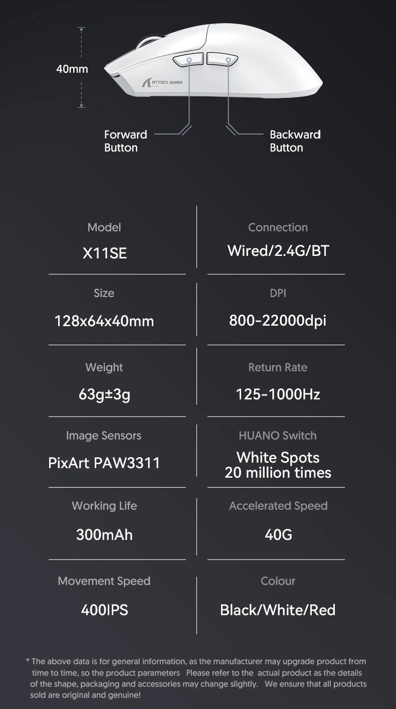 ATTACK SHARK X11 žaidimų pelė ir X11 SE belaidė pelė, 22000 DPI, PAW3311 jutiklis, BT/2.4G/laidinė, lengva 59g, 2000W paspaudimų