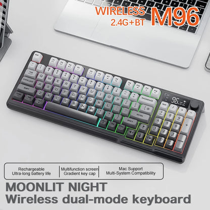 Tastiera wireless Bluetooth M96 FREEWOLF con display digitale, retroilluminazione RGB, batteria da 2000mAh e keycap PBT per PC/laptop