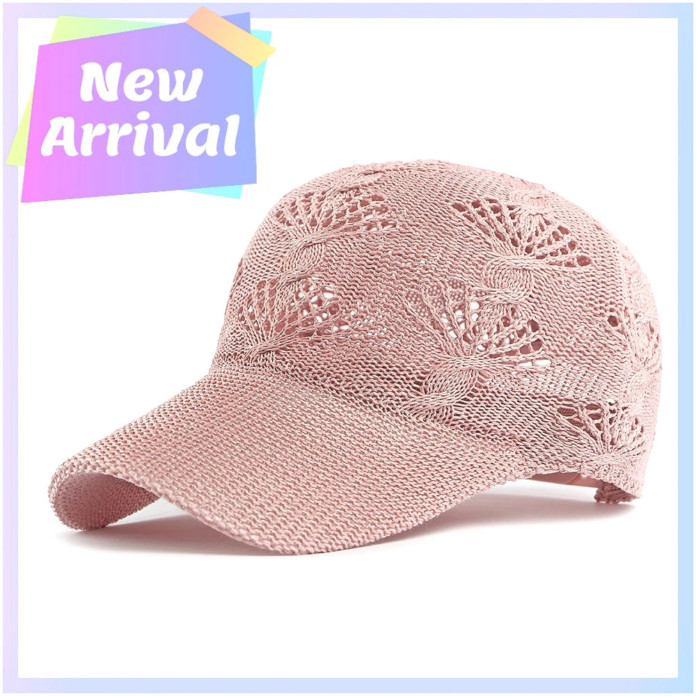 Summer Glossy Openwork Knit Baseball Cap for Women,Outdoor Sun Protection Hat Breathable Flattering Versatile