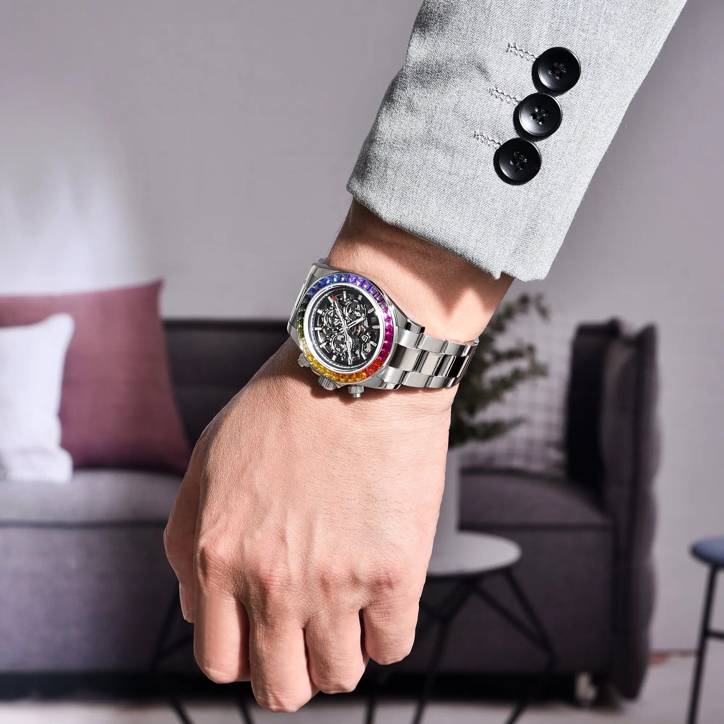 PAGANI DESIGN Personalized Men Automatic Mechanical Watch Colorful Gemstone Bezel Small Three-Pin Tachymeter Design Chronograph