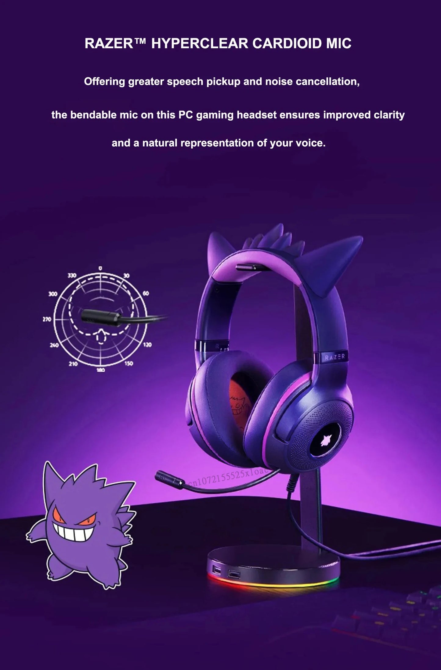 Razer Pokémon Gengar Edition Kraken Kitty V2 RGB Gaming Headset – USB Wired, TriForce 40mm Drivers, HyperClear Cardioid Microphone Gaming Headphones